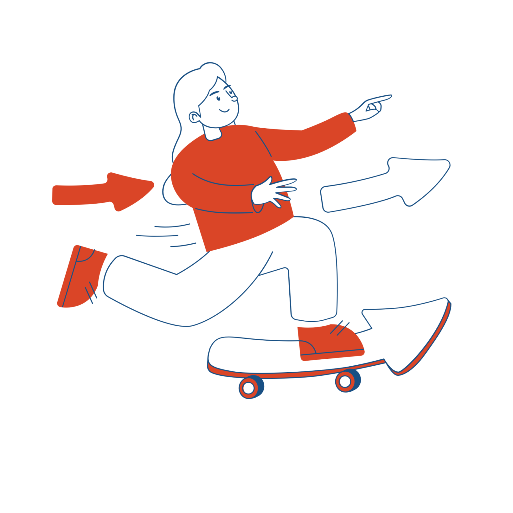 Geillustreerd persoon in een rode trui op een skateboard