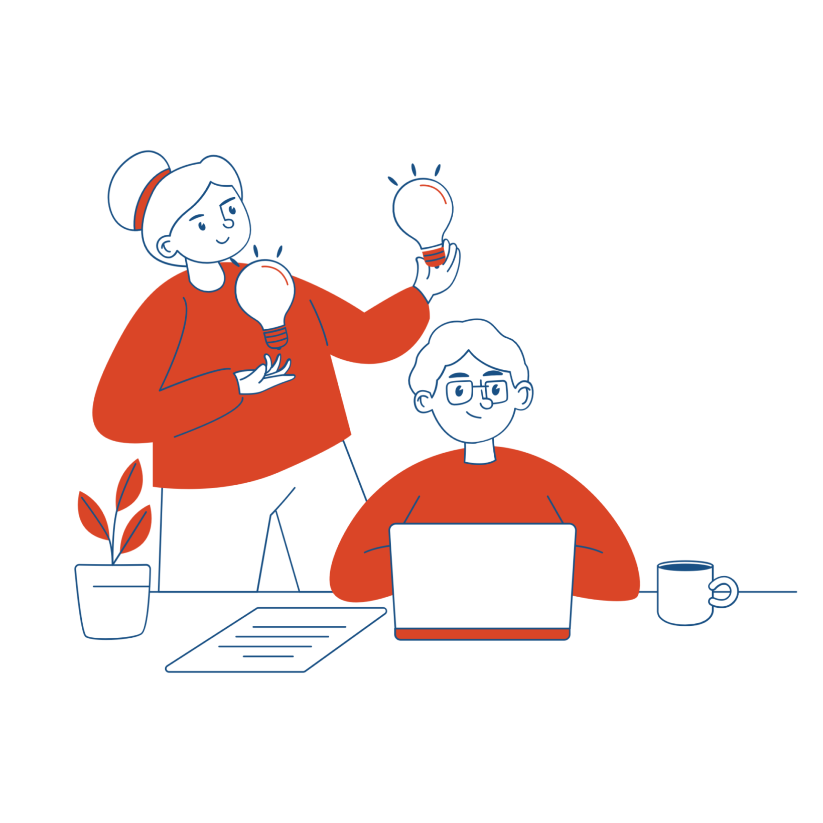 Illustratie van twee personen in rode truien: de linker staat met een gloeilamp in elke hand, de rechter zit achter een laptop.