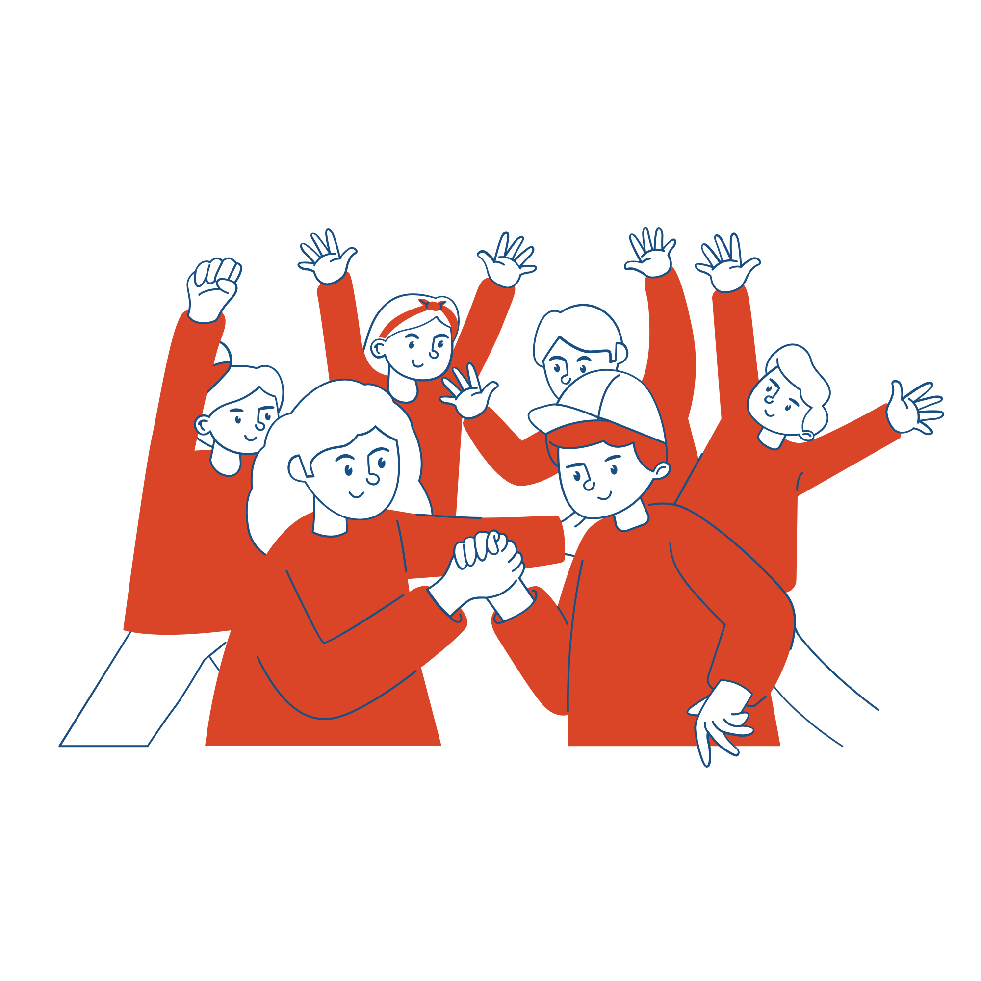 Illustratie van een groep mensen in rode truien die de handen in elkaar slaan